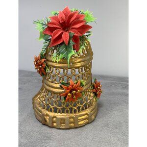 Vintage Gold Plastic Bell with Red Flocked Flowers & Green Leaves